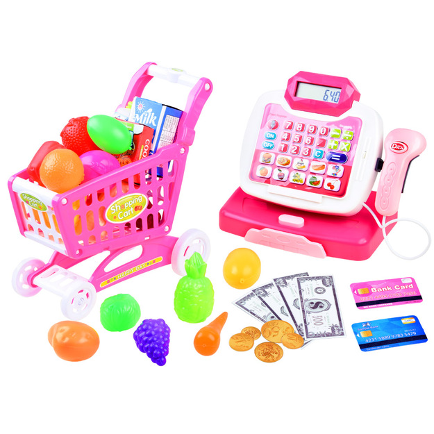 Kassaaparaat koos ostukäru ja muude tarvikutega, roosa