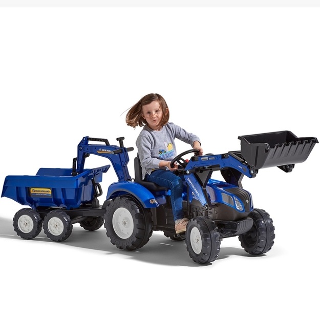 Traktor koos labida ja haagisega, sinine