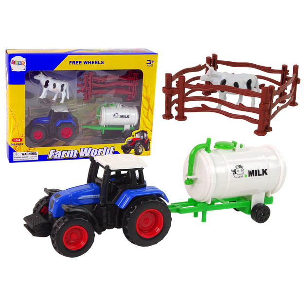 Traktor koos piimatankeri ja lehmaga