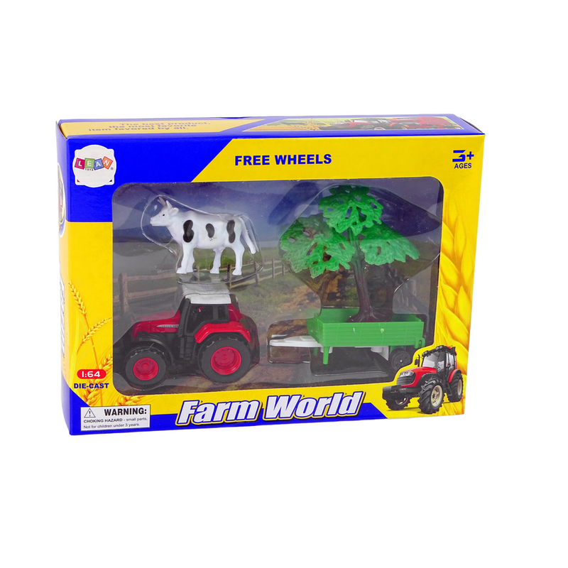 Traktor koos haagisega ja lehmaga