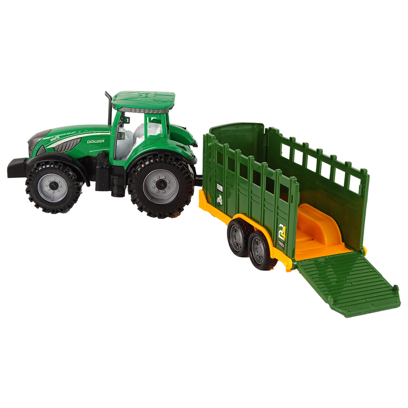 Roheline traktor koos eemaldatava hõõrdetõmbega haagisega