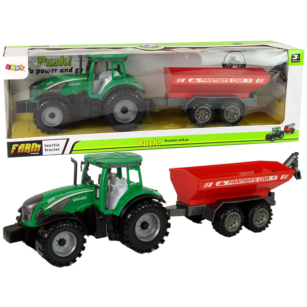 Roheline traktor punase haagisega