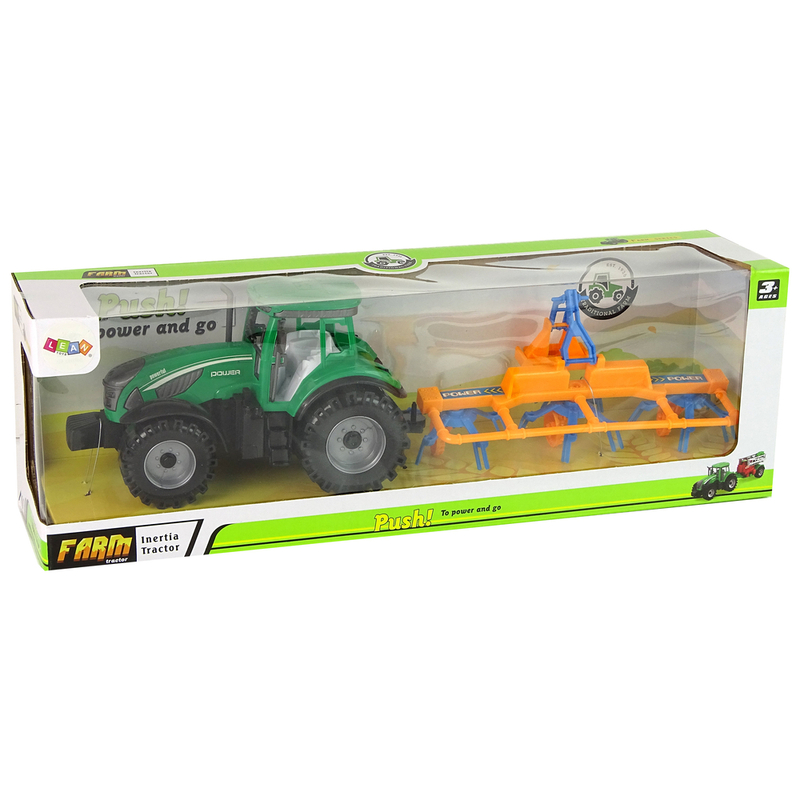 Roheline traktor oranži ja sinise harali hõõrdekettaga