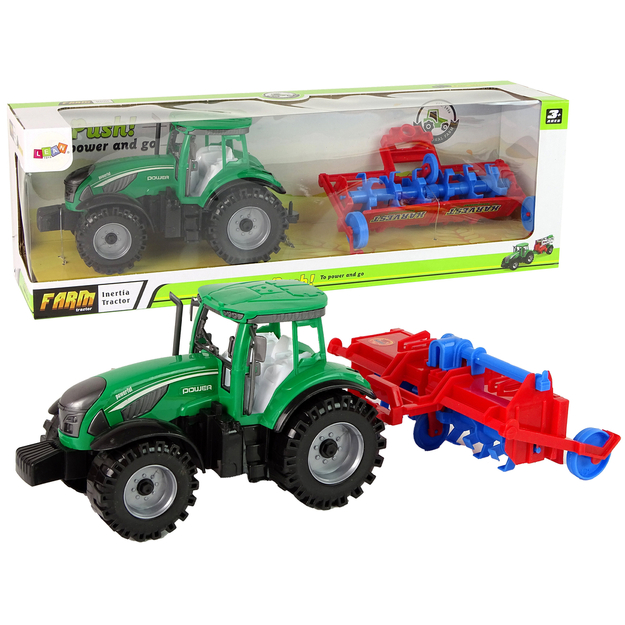 Lahutatava katuse ja künaga traktor, roheline